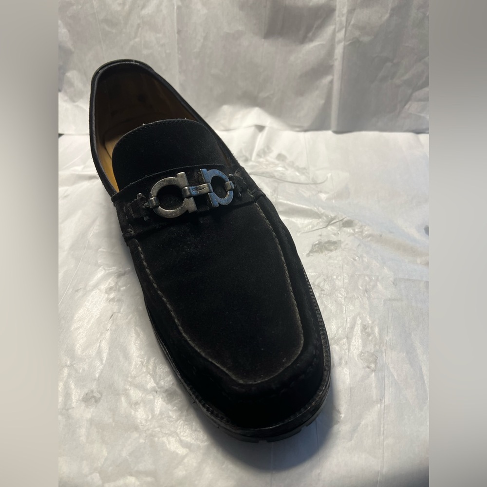 Mens Ferragamo black suede loafer.